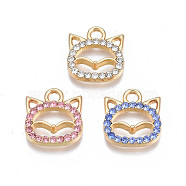 Alloy Charms, with Rhinestone, Cadmium Free & Nickel Free & Lead Free, Fox, Light Gold, Mixed Color, 13.5x12.5x2.5mm, Hole: 2mm(PALLOY-N170-014-LG-NR)