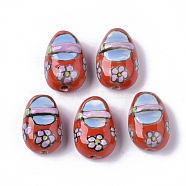 Handmade Porcelain Beads, Famille Rose Style, Baby Shoes, Red, 19~20x13~14x10mm, Hole: 1.6~2mm(PORC-N004-30)