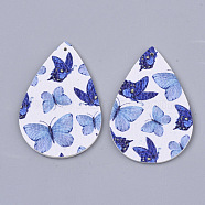 PU Leather Big Pendants, Double Sided, teardrop, With Butterfly Pattern, White, 56x37x2mm, Hole: 1.6mm(X-FIND-R072-10-C09)