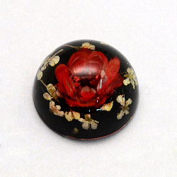 Resin Cabochons, Dome, Half Round, with Dried Flower inside, FireBrick, 13.5~14x7~8.5mm(RESI-S320-14mm-07)