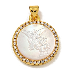 Rack Plating Brass Micro Pave Clear Cubic Zirconia Flat Round Pendants, Carved Natural White Shell Charms, Golden, Angel & Fairy, 22.5x19x3.5mm, Hole: 5X2.5mm(KK-U025-10G-02)