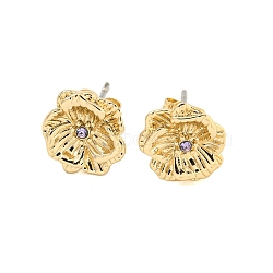 Brass Micro Pave Cubic Zirconia Ear Studs, Flower, Golden, Lilac, 10x9.5mm(EJEW-P283-01G-06)