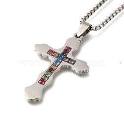 304 Stainless Steel Colorful Cubic Zirconia Cross Pendant Box Chain Necklaces, Stainless Steel Color, 23.43 inch(59.5cm)(NJEW-Q002-02P)