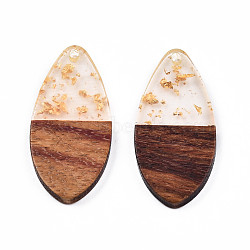 Transparent Resin & Walnut Wood Pendants, with Foil, Teardrop Shape Charm, Gold, 38x18x3mm, Hole: 2mm(RESI-N025-032-A01)