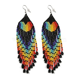 Boho Rainbow Color Seed Bead Heart Tassel Earrings, Iron Dangle Earring for Women, Black, 125x35mm(EJEW-Q380-01B)