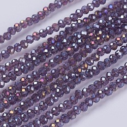 Electroplate Glass Beads Strands, Full Rainbow Plated, Faceted, Rondelle, Purple, 3x2mm, Hole: 0.8mm, about 185~190pcs/strand, 14.9~17.3 inch(38~44cm)(GLAA-F076-FR10)