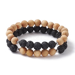 Natural Lava Rock & Wooden Round Beaded Stretch Bracelet, Mixed Color, Inner Diameter: 2 inch(5cm), 2pcs/set(BJEW-JB10075-02)