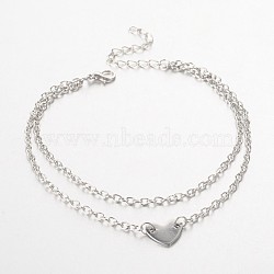Heart Stainless Steel Multi-strand Anklets, with Iron Chains and Zinc Alloy Lobster Claw Clasps, Platinum, 230mm(AJEW-AN00088)