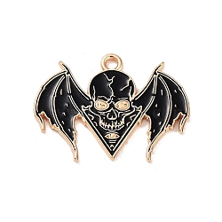 Halloween Alloy Enamel Pendants, Golden, Bat with Skull, 30x22x1.5mm, Hole: 2mm(FIND-B036-04D)