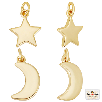 20Pcs 2 Style Brass Pendants, Long-Lasting Plated, Moon & Star, Real 18K Gold Plated, 11.5~13.5x8~10x1~1.5mm, Jump Ring: 4~5x0.7mm, Inner Diameter: 3.5mm, 10pcs/style