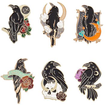6Pcs 6 Style Flower & Skull & Moon with Crow Enamel Pins, Golden Alloy Brooches for Backpack Clothes, Mixed Color, 30~36x19~25mm, 1Pc/style