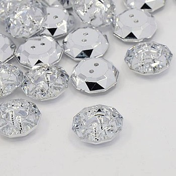 Acrylic Rhinestone Buttons, 2-Hole, Faceted, Flat Round, Crystal, 18.5x18x6.5mm, Hole: 1mm
