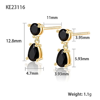 Cubic Zirconia Teardrop Dangle Stud Earrings, Golden 925 Sterling Silver Earrings, Black, 12.8x3.93~4.7mm