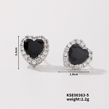 Chic Heart-shaped Stud Earrings with Delicate Diamonds, Platinum, Black Diamond AB, 10x10mm