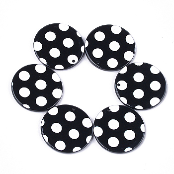 Cellulose Acetate(Resin) Pendants, Flat Round with Polka Dot, Black, 27.5x2.5mm, Hole: 1.4mm