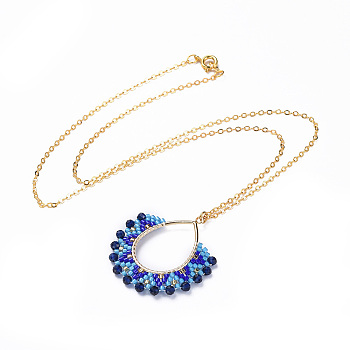 Japanese Seed Beads Pendant Necklaces, with Brass Chain and 304 Stainless Steel Open Jump Rings, teardrop, Blue, 18 inch(45.8cm)