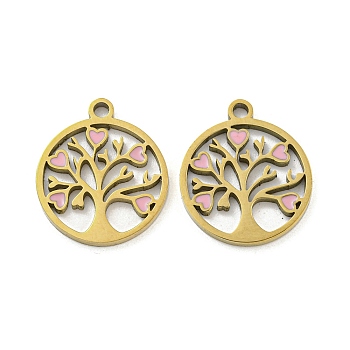 Ion Plating(IP) 316L Surgical Stainless Steel Pendants, with Enamel, Real 18K Gold Plated, Tree of Life Charm, Pink, 17x15x1.5mm, Hole: 1.7mm