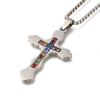 304 Stainless Steel Colorful Cubic Zirconia Cross Pendant Box Chain Necklaces, Stainless Steel Color, 23.43 inch(59.5cm)