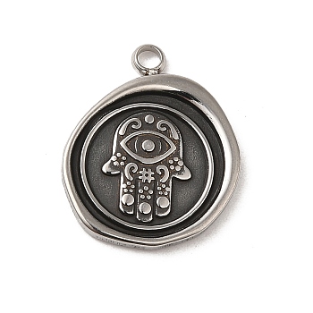 304 Stainless Steel Pendants, Flat Round with Hamsa Hand Pattern Charm, Antique Silver, 18x15x1.5mm, Hole: 1.8mm