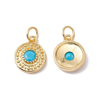 Rack Plating Brass Micro Pave Deep Sky Blue Cubic Zirconia Pendants, with Jump Ring, Cadmium Free & Nickel Free & Lead Free, Flat Round, Real 18K Gold Plated, 13x10.5x3mm,Jump Ring: 5x0.6mm, Inner Diameter: 3.7mm