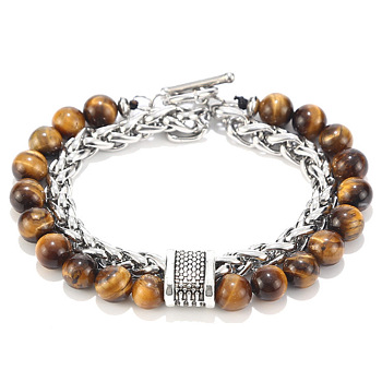 Natural Tiger Eye Beaded Double Layer Multi-strand Bracelets, with Iron Chains, 7-7/8 inch(20cm)