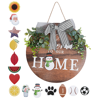 Natural Wood Door Hanging Decoration for Front Door Decoration, with Hemp Rope and Paper Picture Stickers, Flat Round with Bowknot & Word Home, Colorful, 40.5x28.7x1.7cm