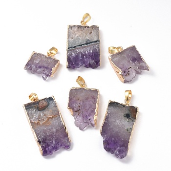 Natural Dyed Amethyst Pendants, Plating Edge, with Brass Findings, Rectangle, Golden, 20~45x20~23x5~6mm, Hole: 8x5mm