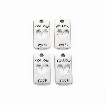 Tibetan Style Alloy Pendants, Cadmium Free & Lead Free, Rectangle with Heart & Word Follow Your, Antique Silver, 20x10x2mm, Hole: 1.8mm, about 745pcs/1000g