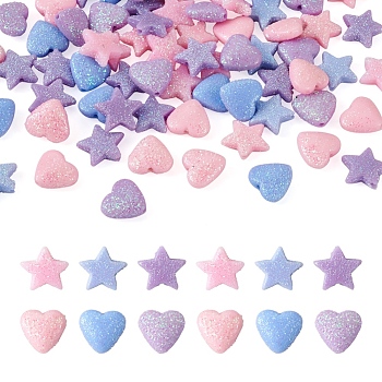 Beadthoven 120Pcs 3 Color Opaque Acrylic Beads, with Glitter Powder, Heart & Star, Mixed Color, 12.5~13.5x13.5~14.5x4~6mm, hole: 1.5~1.6mm, 120pcs