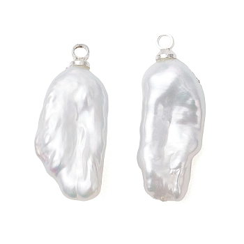 Natural Baroque Keshi Pearl Pendants, Nuggets Charms with Brass Cup Pearl Peg Bails, White, Silver, 22.5x9~9.5x5~5.5mm, Hole: 1.6mm