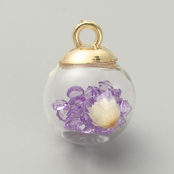 Transparent Glass Globe Pendants, with Dried Flower Inside and Golden ABS Plastic Pendant Bails, Round Charms, Lilac, 21.5x16mm, Hole: 2.5mm