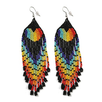 Boho Rainbow Color Seed Bead Heart Tassel Earrings, Iron Dangle Earring for Women, Black, 125x35mm