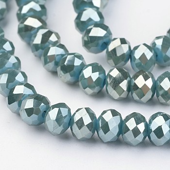 Electroplate Glass Beads Strands,  Full Rainbow Plated, Faceted Rondelle, Dark Turquoise, 6x4mm, Hole: 1mm, about 100pcs/strand, 15.7 inch