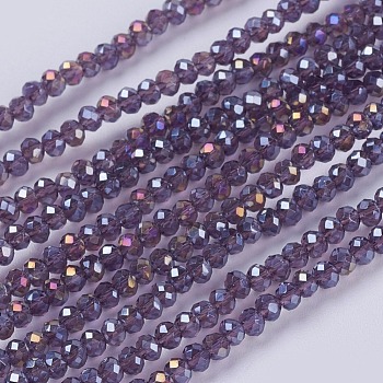 Electroplate Glass Beads Strands, Full Rainbow Plated, Faceted, Rondelle, Purple, 3x2mm, Hole: 0.8mm, about 185~190pcs/strand, 14.9~17.3 inch(38~44cm)