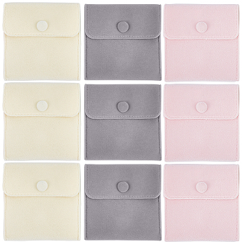 3 Colors Square Velvet Jewelry Bags, with Snap Fastener, Mixed Color, 10x10x1cm, 3pcs/color, 9pcs/bag