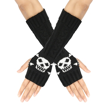 Acrylic Fiber Knitted Mittens Fingerless Gloves, Skull Pattern Winter Warm Stretch Long Sleeve for Women, Black, 290x80mm