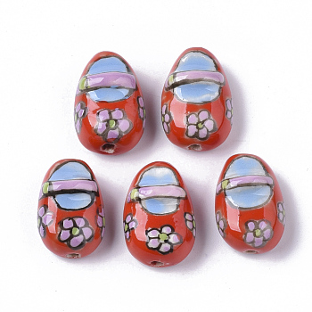 Handmade Porcelain Beads, Famille Rose Style, Baby Shoes, Red, 19~20x13~14x10mm, Hole: 1.6~2mm