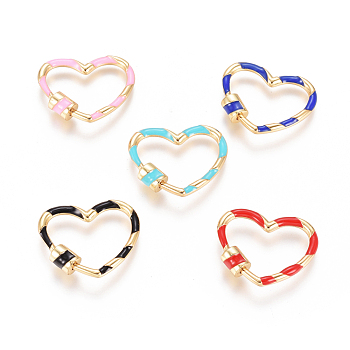 Golden Plated Brass Screw Carabiner Lock Charms, with Enamel, for Necklaces Making, Long-Lasting Plated, Heart, Mixed Color, 22x26.5x5.3mm, Screw: 6.5x5.3mm