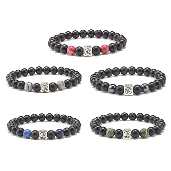Natural Wood & Natural & Synthetic Mixed Stone Round Beads Stretch Bracelet, Om Symbol Alloy Beads Bracelet, Yoga Prayer Jewelry for Her, Antique Silver, Inner Diameter: 2-1/4 inch(5.7cm)