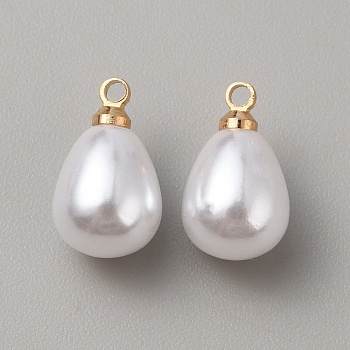 ABS Plastic Imitation Pearl Pendants, with Brass Finding, Teardrop Charm, Golden, 12.5x7.5mm, Hole: 1.6mm