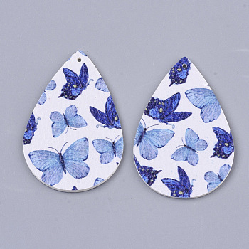 PU Leather Big Pendants, Double Sided, teardrop, With Butterfly Pattern, White, 56x37x2mm, Hole: 1.6mm
