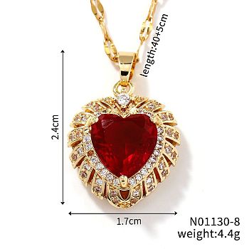 Brass Pave Cubic Zirconia Coffee Bean Chain Cute Heart Pendant Necklaces for Women, Golden, Red, 15.75 inch(40cm)