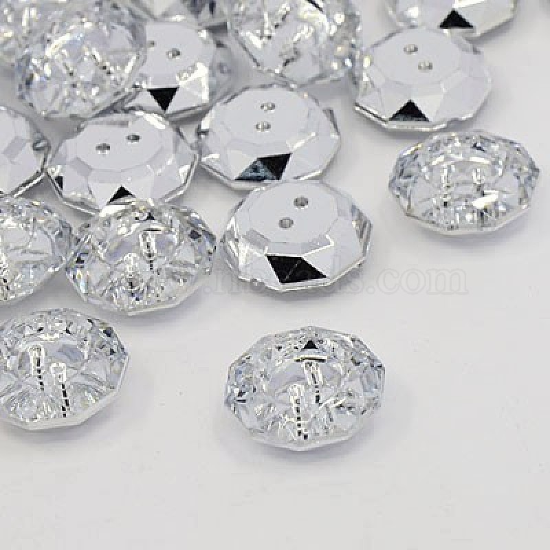 Pandahall 100pcs 2-Hole Acrylic Crystal Clear Rhinestone Sewing Fastening Buttons Jewelry Scrapbooking Octangle 0.43x0.43 Inch Faceted Hole 1mm