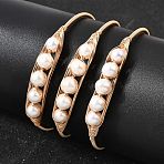 Brass Wire Wrapped Natural Pearl Open Cuff Bangles for Women, Round, Rack Plating, Long-Lasting Plated, Golden, Inner Diameter: 2.24 inch(5.7cm)~2.30 inch(5.85cm)(BJEW-D453-03G)