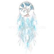 Woven Net/Web with Feather Wind Chime, Tree of Life Glass Chips and Iron Findings for Home Room Ornaments, Sky Blue, 700x160mm(TREE-PW0005-02)