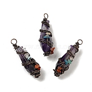 Natural Amethyst Pointed Big Pendants, Faceted Bullet Charm, with Red Copper Tone Brass Findings and Mixed Chip Stones, Cadmium Free & Lead Free, 51~55x15~17x17~19mm, Hole: 5~6mm(G-G860-03R-01)