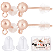 100Pcs Iron Ball Stud Earring Post, with Horizontal Loops and 100Pcs Plastic Ear Nuts, Rose Gold, 6.5x4mm, Hole: 1mm, Pin: 0.8mm(STAS-BBC0001-79)