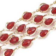 Handmade Brass Beaded Chains, Soldered, with Glass, Real 18K Gold Plated, Red, 16.5x8x6mm(CHC-S003-16)
