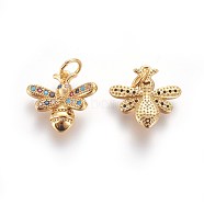 Brass Micro Pave Cubic Zirconia Charms, Bees, Colorful, Golden, 13.5x14~14.5x3.5mm, Hole: 3mm(X-ZIRC-E161-20G)