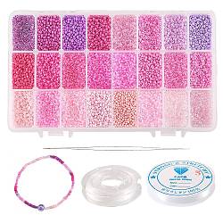 480g 24 Colors Glass Round Seed Beads, Mixed Style, with 1Pc Beading Needles and 2 Rolls Elastic Crystal Thread, Pink, 2mm, 20g/color(SEED-CJ0001-12)